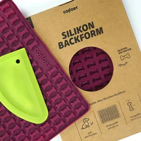   000888 Collory szilikon sütőforma - Mini 2 cm csont alakú formával bordó - zöld szilikon simítólapáttal