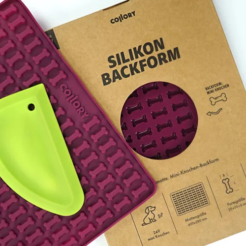 000888 Collory szilikon sütőforma - Mini 2 cm csont alakú formával bordó - zöld szilikon simítólapáttal