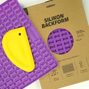   000889 Collory szilikon sütőforma - Mini 2 cm csont alakú formával lila - sárga szilikon simítólapáttal