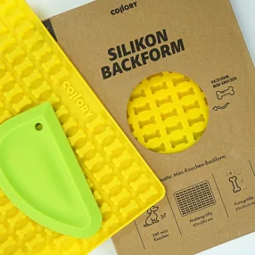   000890 Collory szilikon sütőforma - Mini 2 cm csont alakú formával sárga - zöld szilikon simítólapáttal