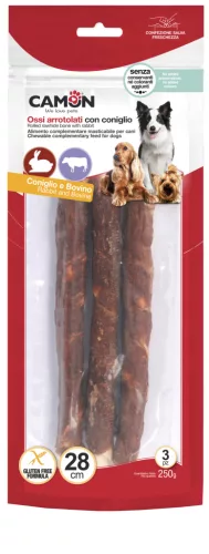 AB285/C Szárított marhabőrre tekert nyulas snack 3 db 28 cm/zacskó 250 gramm