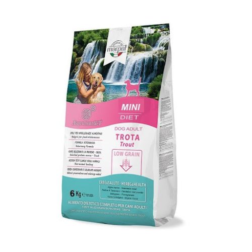 CB024/060 AEQUILIBRIAVET DOG MINI TROTA - pisztráng 6kg Monoproteines Diétás teljes értékű táp táplálék intolerancia csökkentésére. Fehérjeforrás – pisztráng. 